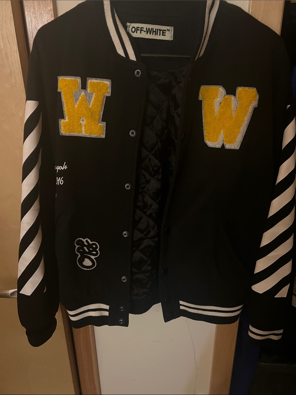 Off-White Black & Yellow Varsity Jacket with Striped Sleeves